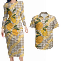 Maku'e Hawaiian Mango Palaka Couples Matching Long Sleeve Bodycon Dress and Hawaiian Shirt Aloha Hibiscus Pikake Lei