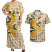 Maku'e Hawaiian Mango Palaka Couples Matching Off Shoulder Maxi Dress and Hawaiian Shirt Aloha Hibiscus Pikake Lei