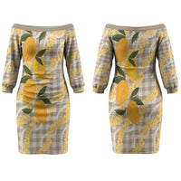 Maku'e Hawaiian Mango Palaka Couples Matching Off The Shoulder Long Sleeve Dress and Hawaiian Shirt Aloha Hibiscus Pikake Lei