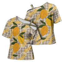 Maku'e Hawaiian Mango Palaka Cross Shoulder Shirt Aloha Hibiscus Pikake Lei