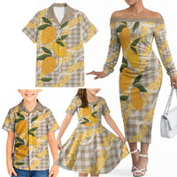 Maku'e Hawaiian Mango Palaka Family Matching Off The Shoulder Long Sleeve Dress and Hawaiian Shirt Aloha Hibiscus Pikake Lei