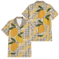 Maku'e Hawaiian Mango Palaka Family Matching Short Sleeve Bodycon Dress and Hawaiian Shirt Aloha Hibiscus Pikake Lei