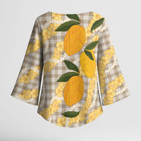 Maku'e Hawaiian Mango Palaka Kimono Sleeve Blouse Aloha Hibiscus Pikake Lei
