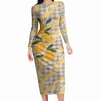 Maku'e Hawaiian Mango Palaka Long Sleeve Bodycon Dress Aloha Hibiscus Pikake Lei