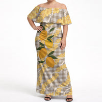 Maku'e Hawaiian Mango Palaka Off Shoulder Maxi Dress Aloha Hibiscus Pikake Lei