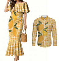 Alani Hawaiian Mango Palaka Couples Matching Mermaid Dress and Long Sleeve Button Shirt Aloha Hibiscus Pikake Lei