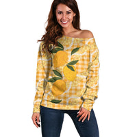 Alani Hawaiian Mango Palaka Off Shoulder Sweater Aloha Hibiscus Pikake Lei