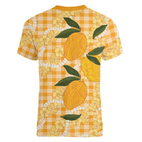 Alani Hawaiian Mango Palaka Women V-Neck T-Shirt Aloha Hibiscus Pikake Lei