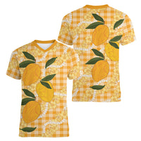 Alani Hawaiian Mango Palaka Women V-Neck T-Shirt Aloha Hibiscus Pikake Lei