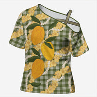 Uliuli Ahiahia Hawaiian Mango Palaka Cross Shoulder Shirt Aloha Hibiscus Pikake Lei
