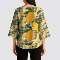 Uliuli Ahiahia Hawaiian Mango Palaka Kimono Sleeve Blouse Aloha Hibiscus Pikake Lei