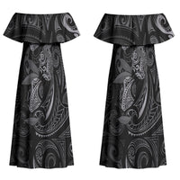 Hawaiian Mango Tribal Tattoo Couples Matching Off Shoulder Maxi Dress and Hawaiian Shirt Black White Pacific Traditional Pattern