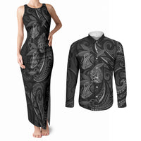 Hawaiian Mango Tribal Tattoo Couples Matching Tank Maxi Dress and Long Sleeve Button Shirt Black White Pacific Traditional Pattern