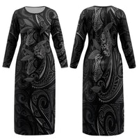 Hawaiian Mango Tribal Tattoo Family Matching Long Sleeve Bodycon Dress and Hawaiian Shirt Black White Pacific Traditional Pattern