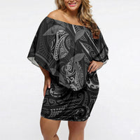 Hawaiian Mango Tribal Tattoo Off Shoulder Short Dress Black White Pacific Traditional Pattern