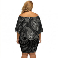 Hawaiian Mango Tribal Tattoo Off Shoulder Short Dress Black White Pacific Traditional Pattern