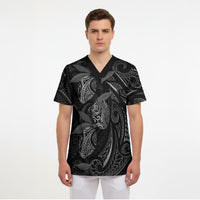 Hawaiian Mango Tribal Tattoo Scrub Top Black White Pacific Traditional Pattern