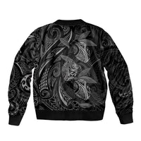 Hawaiian Mango Tribal Tattoo Sleeve Zip Bomber Jacket Black White Pacific Traditional Pattern