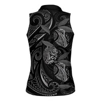Hawaiian Mango Tribal Tattoo Women Sleeveless Polo Shirt Black White Pacific Traditional Pattern