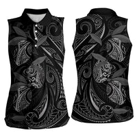 Hawaiian Mango Tribal Tattoo Women Sleeveless Polo Shirt Black White Pacific Traditional Pattern