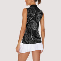 Hawaiian Mango Tribal Tattoo Women Sleeveless Polo Shirt Black White Pacific Traditional Pattern
