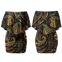 Hawaiian Mango Tribal Tattoo Couples Matching Off Shoulder Short Dress and Hawaiian Shirt Gold Pacific Traditional Pattern