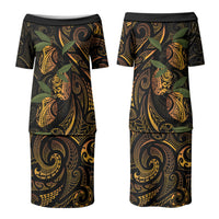 Hawaiian Mango Tribal Tattoo Couples Matching Puletasi and Long Sleeve Button Shirt Gold Pacific Traditional Pattern