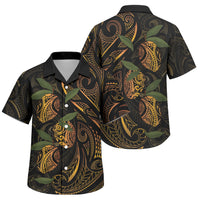 Hawaiian Mango Tribal Tattoo Family Matching Off The Shoulder Long Sleeve Dress and Hawaiian Shirt Gold Pacific Traditional Pattern