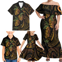 Hawaiian Mango Tribal Tattoo Family Matching Off Shoulder Maxi Dress and Hawaiian Shirt Gold Pacific Traditional Pattern