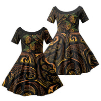 Hawaiian Mango Tribal Tattoo Family Matching Off Shoulder Short Dress and Hawaiian Shirt Gold Pacific Traditional Pattern