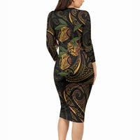Hawaiian Mango Tribal Tattoo Long Sleeve Bodycon Dress Gold Pacific Traditional Pattern