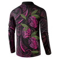 Hawaiian Mango Tribal Tattoo Button Sweatshirt Pink Pacific Traditional Pattern