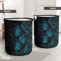 Hawaiian Mango Tribal Tattoo Laundry Basket Teal Pacific Traditional Pattern