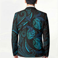 Hawaiian Mango Tribal Tattoo Blazer Teal Pacific Traditional Pattern