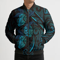 Hawaiian Mango Tribal Tattoo Bomber Puffer Jacket Teal Pacific Traditional Pattern