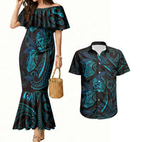 Hawaiian Mango Tribal Tattoo Couples Matching Mermaid Dress and Hawaiian Shirt Teal Pacific Traditional Pattern