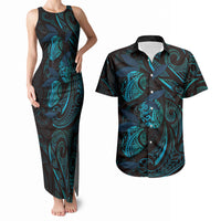 Hawaiian Mango Tribal Tattoo Couples Matching Tank Maxi Dress and Hawaiian Shirt Teal Pacific Traditional Pattern