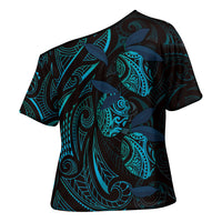 Hawaiian Mango Tribal Tattoo Cross Shoulder Shirt Teal Pacific Traditional Pattern