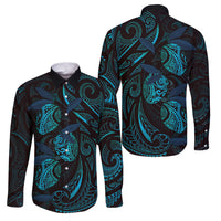 Hawaiian Mango Tribal Tattoo Family Matching Off Shoulder Short Dress and Hawaiian Shirt Teal Pacific Traditional Pattern
