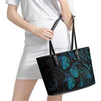 Hawaiian Mango Tribal Tattoo Leather Tote Bag Teal Pacific Traditional Pattern