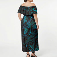 Hawaiian Mango Tribal Tattoo Off Shoulder Maxi Dress Teal Pacific Traditional Pattern