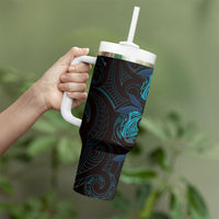 Hawaiian Mango Tribal Tattoo Tumbler With Handle Teal Pacific Traditional Pattern