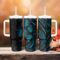 Hawaiian Mango Tribal Tattoo Tumbler With Handle Teal Pacific Traditional Pattern