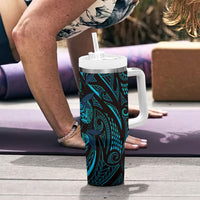 Hawaiian Mango Tribal Tattoo Tumbler With Handle Teal Pacific Traditional Pattern