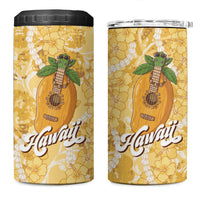 Hawaiian Mango Ukulele 4 in 1 Can Cooler Tumbler Retro Yellow Hibiscus Pikake Lei