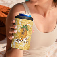 Hawaiian Mango Ukulele 4 in 1 Can Cooler Tumbler Retro Yellow Hibiscus Pikake Lei
