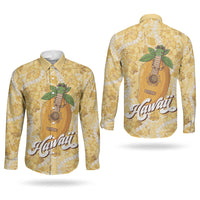 Hawaiian Mango Ukulele Couples Matching Long Sleeve Bodycon Dress and Long Sleeve Button Shirt Retro Yellow Hibiscus Pikake Lei