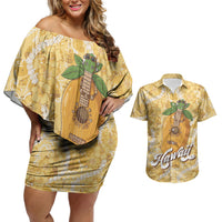 Hawaiian Mango Ukulele Couples Matching Off Shoulder Short Dress and Hawaiian Shirt Retro Yellow Hibiscus Pikake Lei