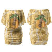 Hawaiian Mango Ukulele Couples Matching Off Shoulder Short Dress and Long Sleeve Button Shirt Retro Yellow Hibiscus Pikake Lei