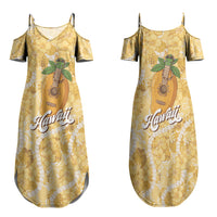 Hawaiian Mango Ukulele Family Matching Summer Maxi Dress and Hawaiian Shirt Retro Yellow Hibiscus Pikake Lei